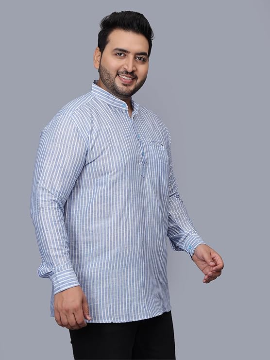 Twist99 Men's Linen Chinese Collar Full Sleeve Plus Size Short Kurta