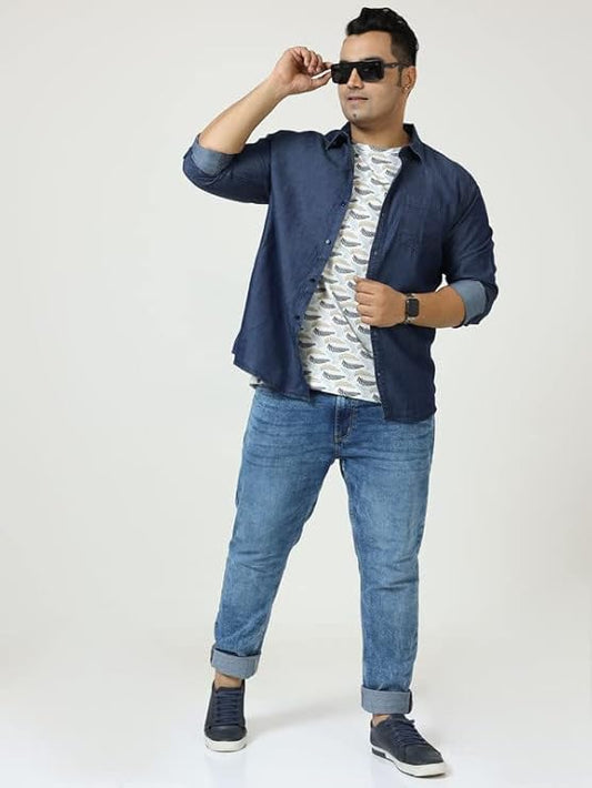 Twist99 Blue Denim Single Pocket Full Sleeve Shirt Men's Plus Size
