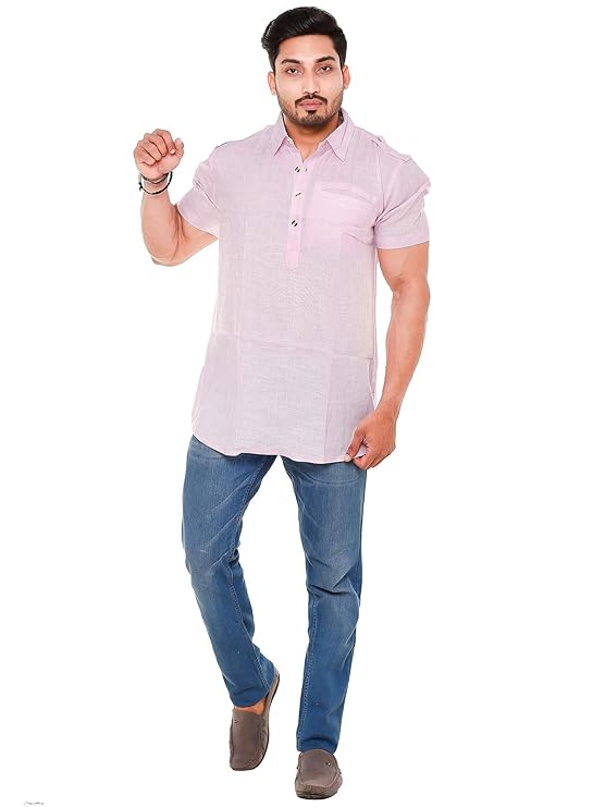 Twist99 Mens Cotton Linen Half Sleeve Plus Size Short Kurta