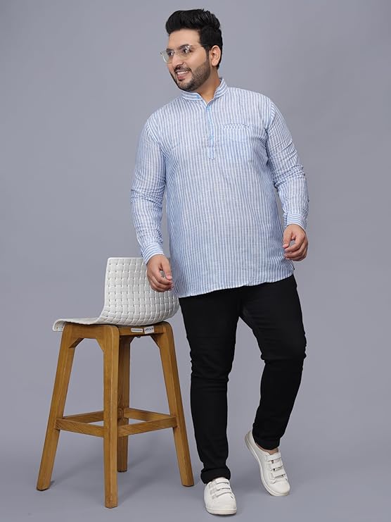 Twist99 Men's Linen Chinese Collar Full Sleeve Plus Size Short Kurta