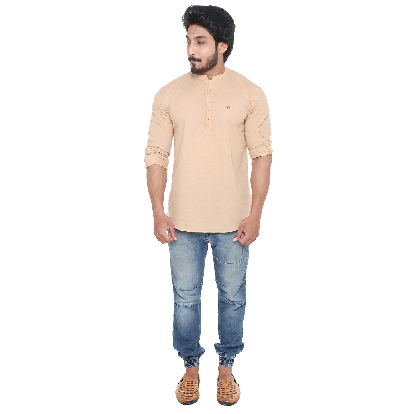 Twist99 Men's Linen Chinese Collar Full Sleeve Plus Size Short Kurta (Beige)