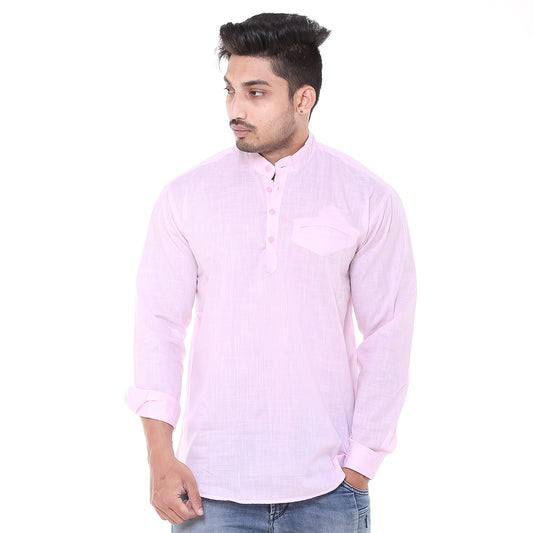 Twist99 Men's Linen Chinese Collar Full Sleeve Plus Size Short Kurta (Pink)