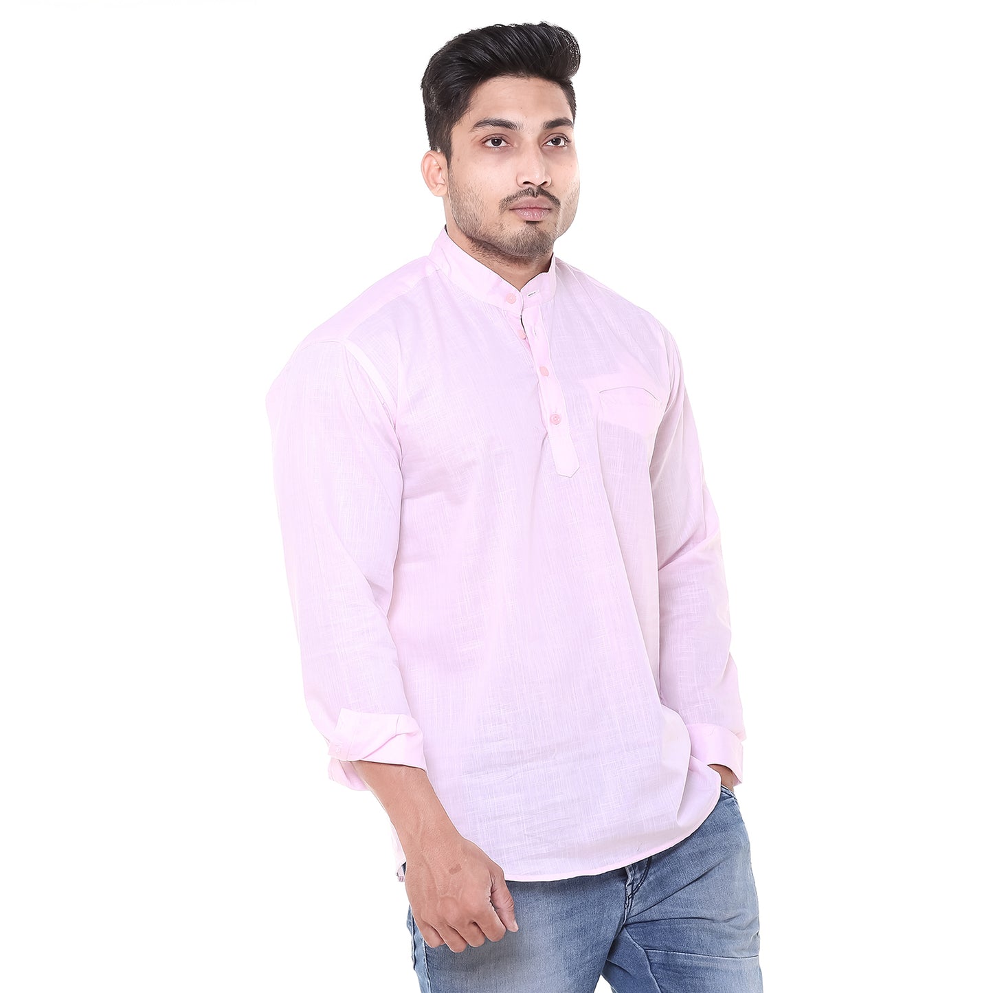 Twist99 Men's Linen Chinese Collar Full Sleeve Plus Size Short Kurta (Pink)