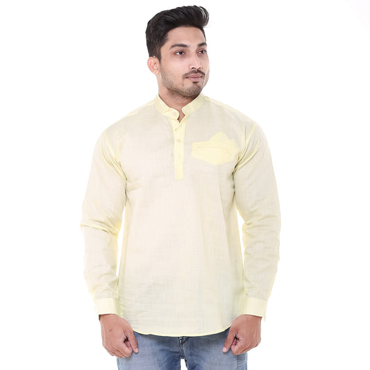 Twist99 Men's Linen Chinese Collar Full Sleeve Plus Size Short Kurta (Yellow)