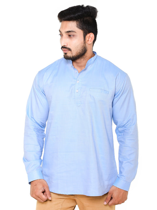Twist99 Men's Linen Chinese Collar Full Sleeve Plus Size Short Kurta(Sky Blue)