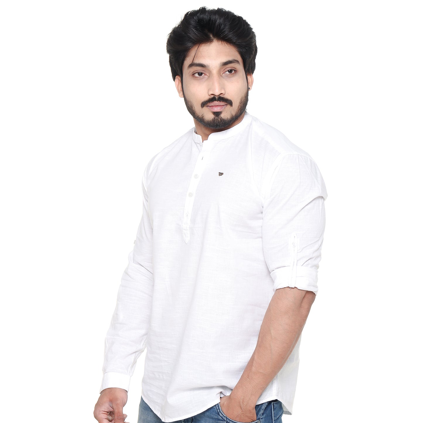 Twist99 Men's Linen Chinese Collar Full Sleeve Plus Size Short Kurta