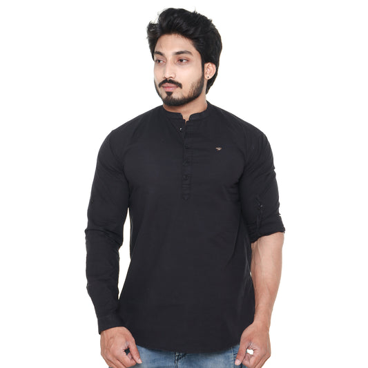 Twist99 Men's Linen Chinese Collar Full Sleeve Plus Size Short Kurta (Black)