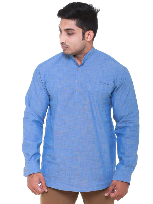 Twist99 Men's Linen Chinese Collar Full Sleeve Plus Size Short Kurta(Sky Blue Denim)