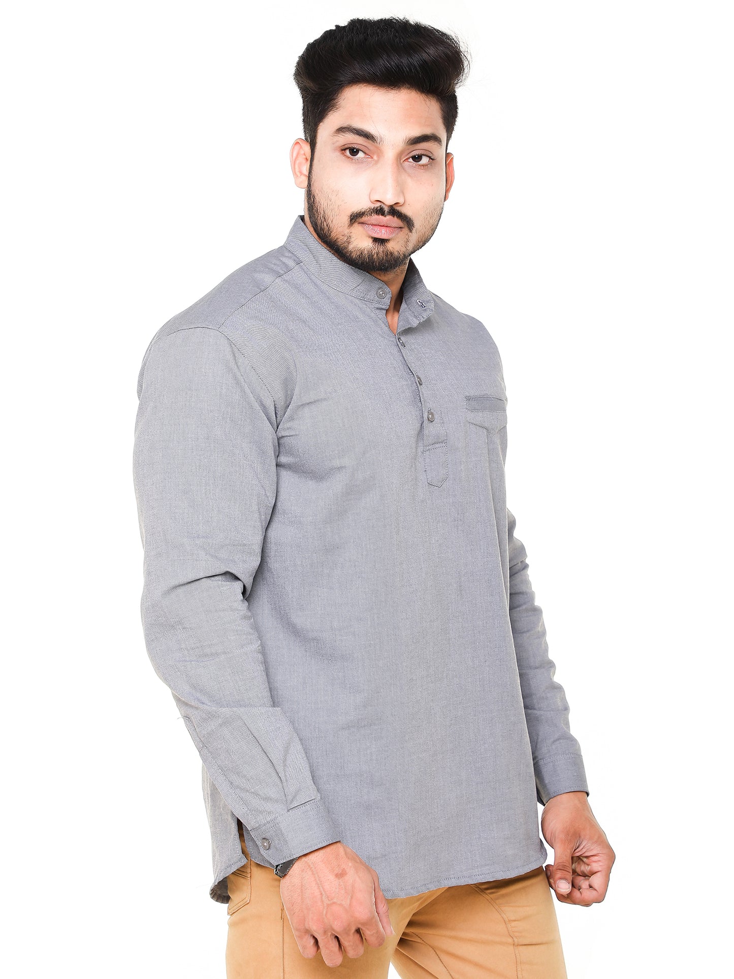 Twist99 Men's Linen Chinese Collar Full Sleeve Plus Size Short Kurta(Grey)