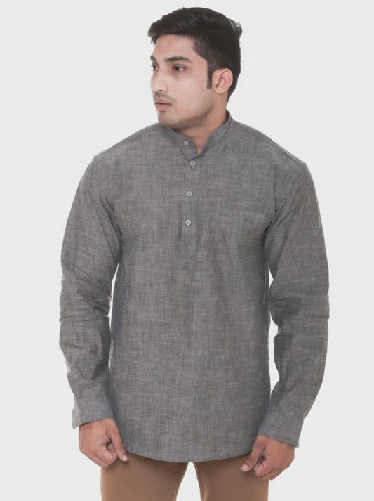 Twist99 Men's Linen Chinese Collar Full Sleeve Plus Size Short Kurta(Grey Chambray)