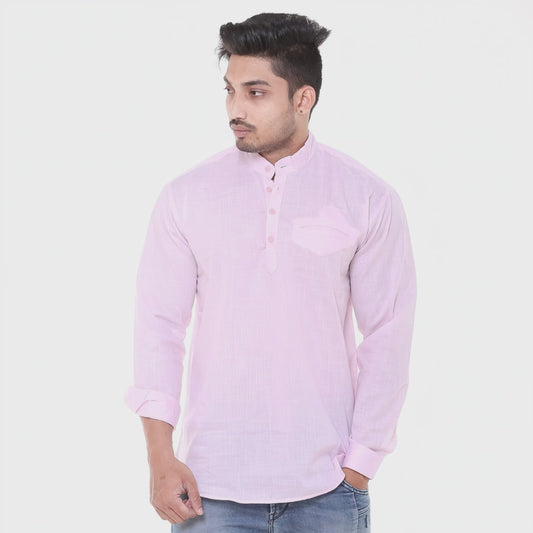Twist99 Men's Linen Chinese Collar Full Sleeve Plus Size Short Kurta (Pink)