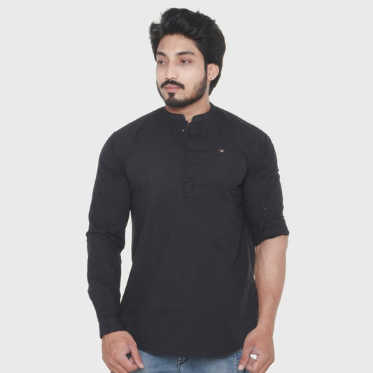 Twist99 Men's Linen Chinese Collar Full Sleeve Plus Size Short Kurta (Black)