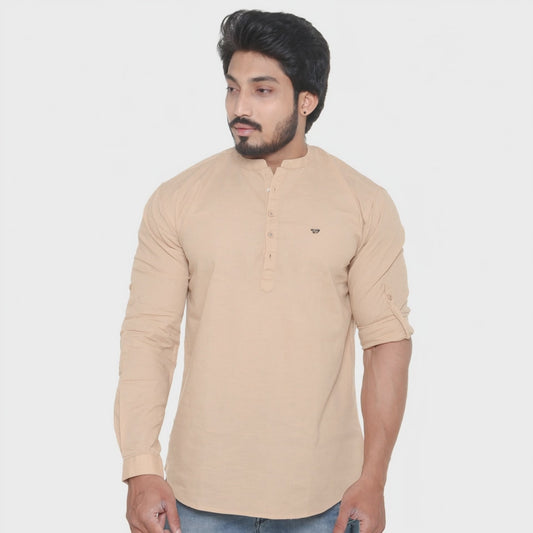 Twist99 Men's Linen Chinese Collar Full Sleeve Plus Size Short Kurta (Beige)