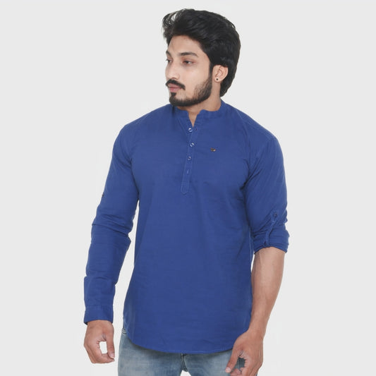 Twist99 Men's Linen Chinese Collar Full Sleeve Plus Size Short Kurta(Royal Blue)