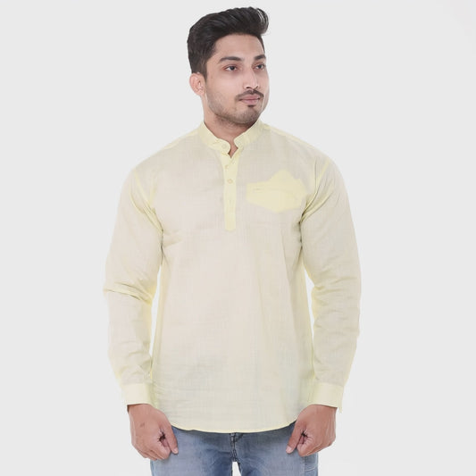Twist99 Men's Linen Chinese Collar Full Sleeve Plus Size Short Kurta (Yellow)